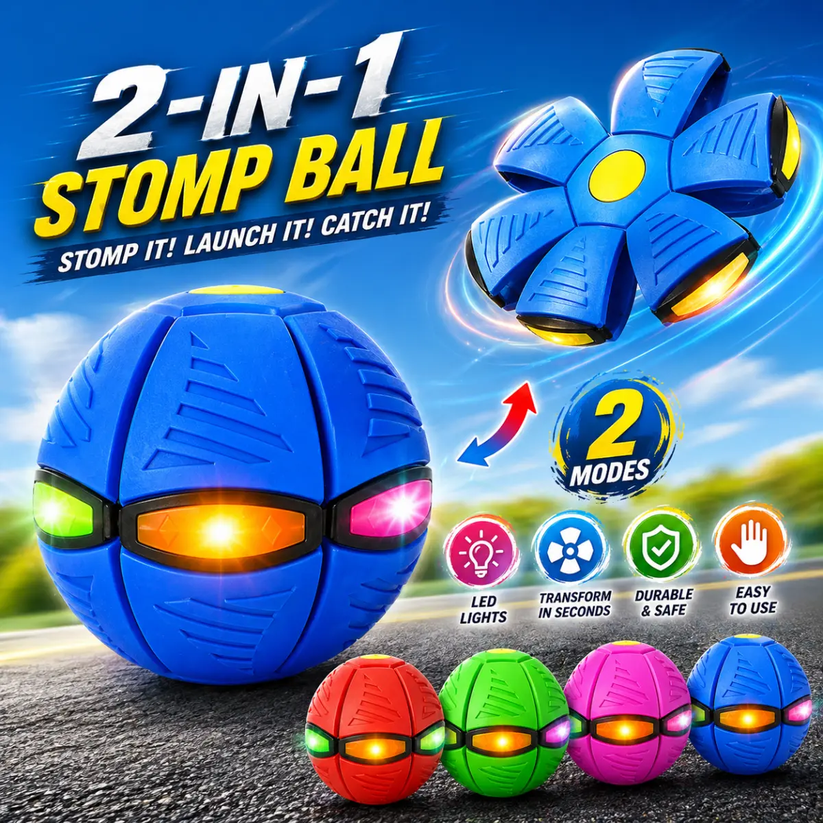 Colorful Kids Bouncing Ball with 6 LED Light, Magic Flying Saucer Ball, Bouncy Balls, Dual Form Freely Switchable, Suitable for Indoor & Outdoor Use