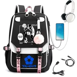 Anime Soccer Graphic Adult Backpack, 2-Tone Color Block Design, Large-Capacity Laptop Daypack with USB Charging Port & Fluffy Pom Pom Pendant, for Anime Sports Fans (Casual Daily Travel Use)