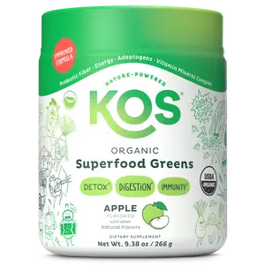 KOS Organic Superfood Greens Apple Flavor - 28 Servings USDA Certified Prebiotic Fiber Adaptogenic Mushroom Blend Gut Health Supplement - Vitamin