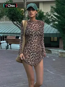 Women's Dress Set with Underdress, Mesh Leopard Print Sheer Long Sleeve Bodycon Outer Dress & Inner Black Cami Slip Dress, Ladies Spring & Fall, Casual Boho Breathable, Daily Casual