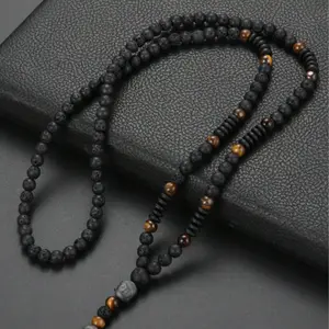 Vintage Black Volcanic Rock & Natural Yellow Tiger Eye Men's Raw Stone Necklace for Daily Wear