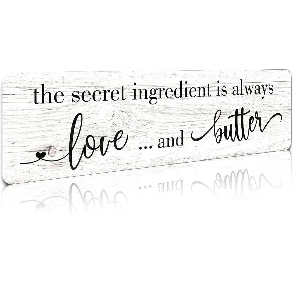 Retro Aluminium Wall Metal Plaque - "The Secret Ingredient Is Always Love and Butter" Playful Decorative Home Sign, 16x4in Farmhouse Kitchen Decor, Photo Prop, Gift for Home Supplies Enthusiasts