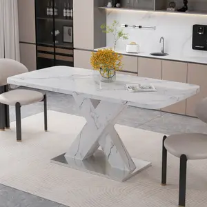 Modern Rectangle Dining Table, Stretchable, with Printed White Marble Table Top+MDF X-Shape Table Leg with Metal Base (Same SKU:W757S00007)