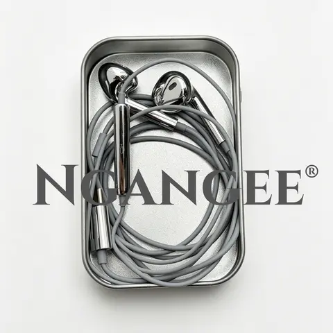 NganGee Classic Plug-and-Play Wired Audio Headphones - Metallic Silver Retro Semi-In-Ear Earbuds, Type-C/Lightning Port, Instant Setup, Android/Smartphone Compatibility, Call & Listen Functions