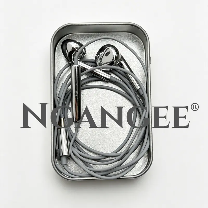 NganGee Classic Plug-and-Play Wired Audio Headphones - Metallic Silver Retro Semi-In-Ear Earbuds, Type-C/Lightning Port, Instant Setup, Android/Smartphone Compatibility, Call & Listen Functions