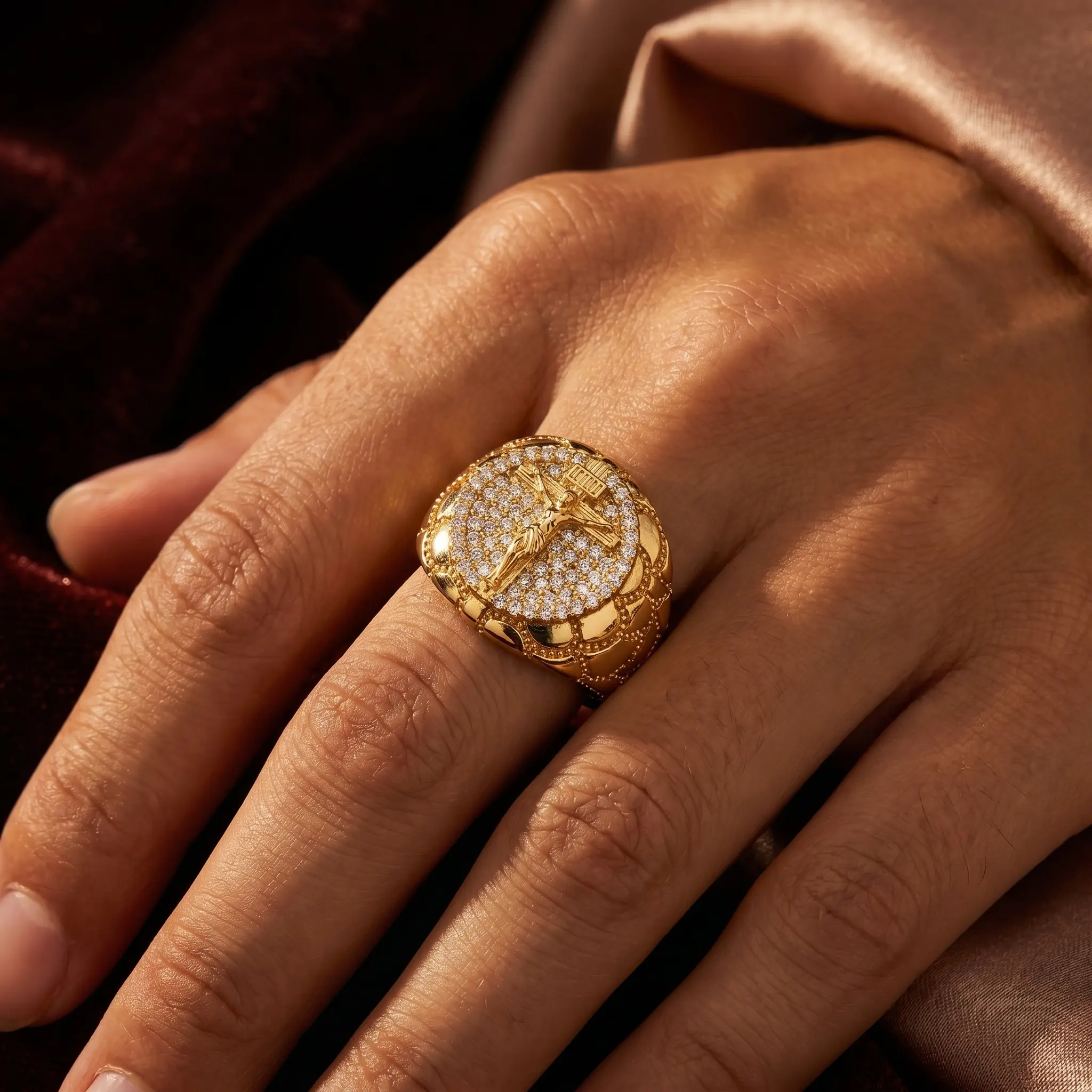 ARTPAGE Ring set with synthetic zirconia, featuring a half-spherical design with embossed texture; a Christian-themed ring; vintage hip-hop-style religious gift jewelry; comes with an elegant gift box