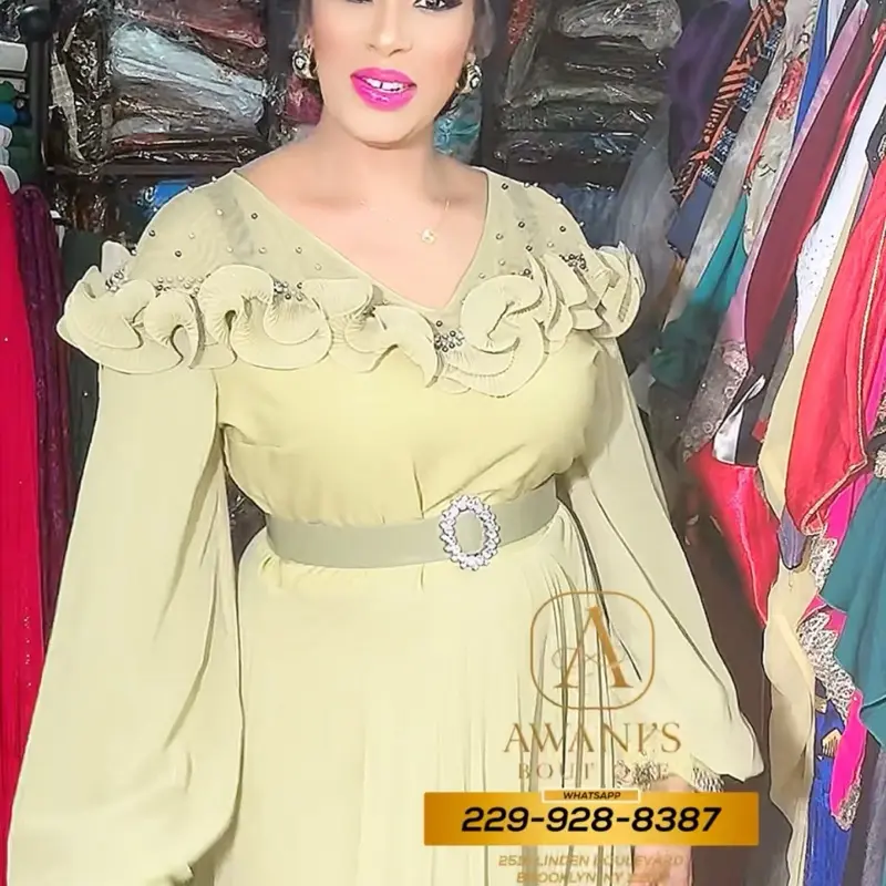 Awan's Green Flare Dress with Ruffled Sleeves and Rhinestone Detailing for Women