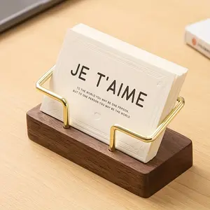 Golden-Tone Metal and Wooden Business Card Holder | Desk Stand | Office Accessories | Modern Minimalist Decor | Display Organizer | Wood and Gold Aesthetic | Home Essentials