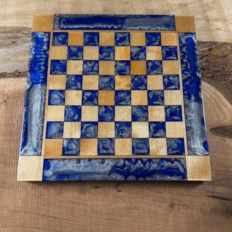 Deep Blue Silver Maple Wood Chess Board (PIECES INCLUDED)