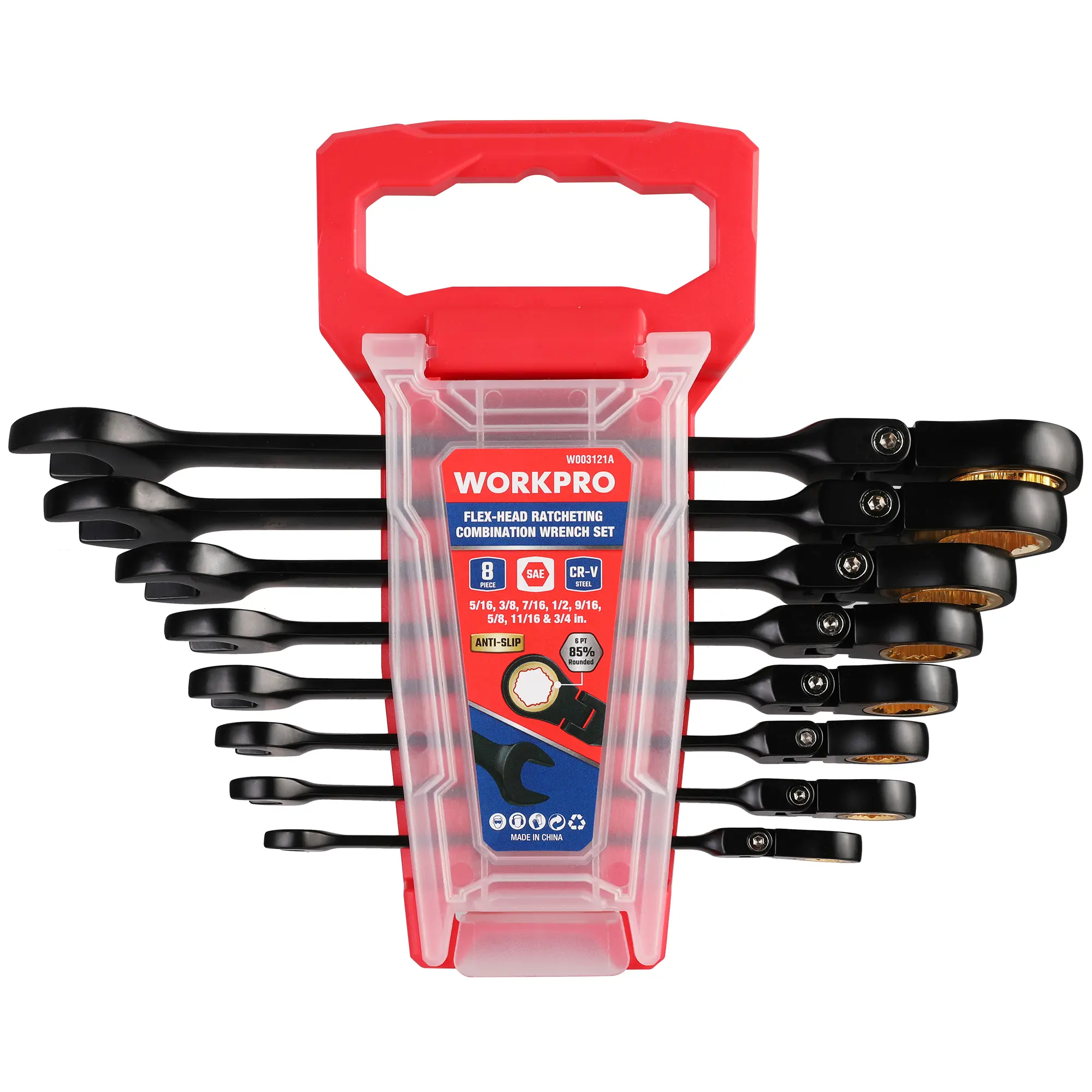 #BacktoSchool WORKPRO 8-Count Flex Head Ratcheting Wrench Set, Anti-slip Set, 72-Teeth, Cr-V Constructed, Black Electrophoretic Coating with Rack Organizer