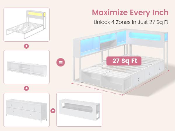 ADORNEVE Twin Corner Bed Frame with Bookcase Storage & LED Light Headboard, Charging Station, Metal Daybed with 3 Drawers & 2 Open Cubbies, for Small Bedrooms ADORNEVE Twin Corner Bed Frame with Bookcase Storage & LED Light Headboard, Charging Station, Metal Daybed with 3 Drawers & 2 Open Cubbies, for Small Bedrooms