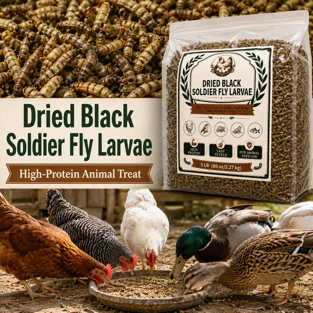 5 LB Dried Black Soldier Fly Larvae for Chickens, Ducks, Wild Birds, Fish, Reptiles & Turtles, High-Protein Animal Treat, Resealable Bag