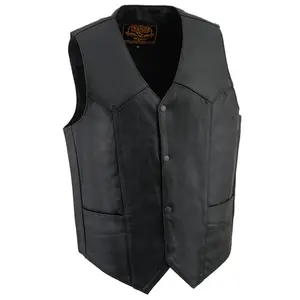 Men's Classic Black Leather Vest with Snap Button Closure