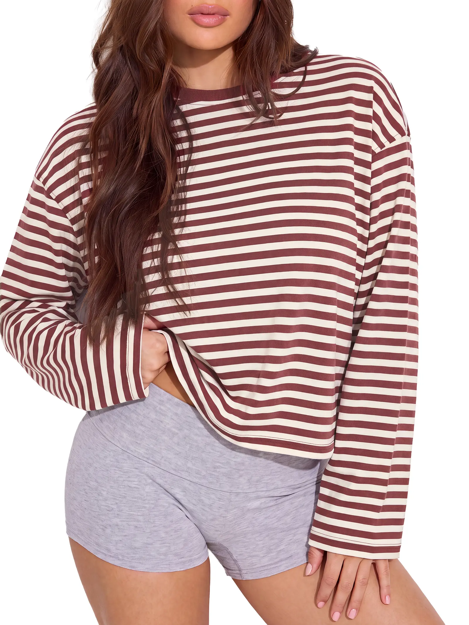 Women's Oversized Striped Long Sleeve Shirt Crew Neck Casual Top | Soft stretch, loose fit, drop shoulder, spring fall layering, going out travel weekend