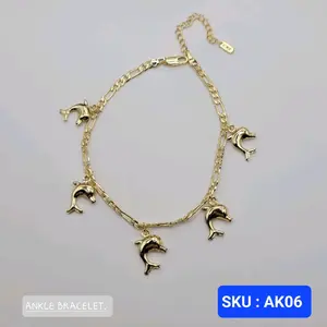 Ankle Bracelet Dolphin Chain Figaro link Diamont cut Adjustable 8.5 to 10.5 Inches Laminated Gold SKU AK06