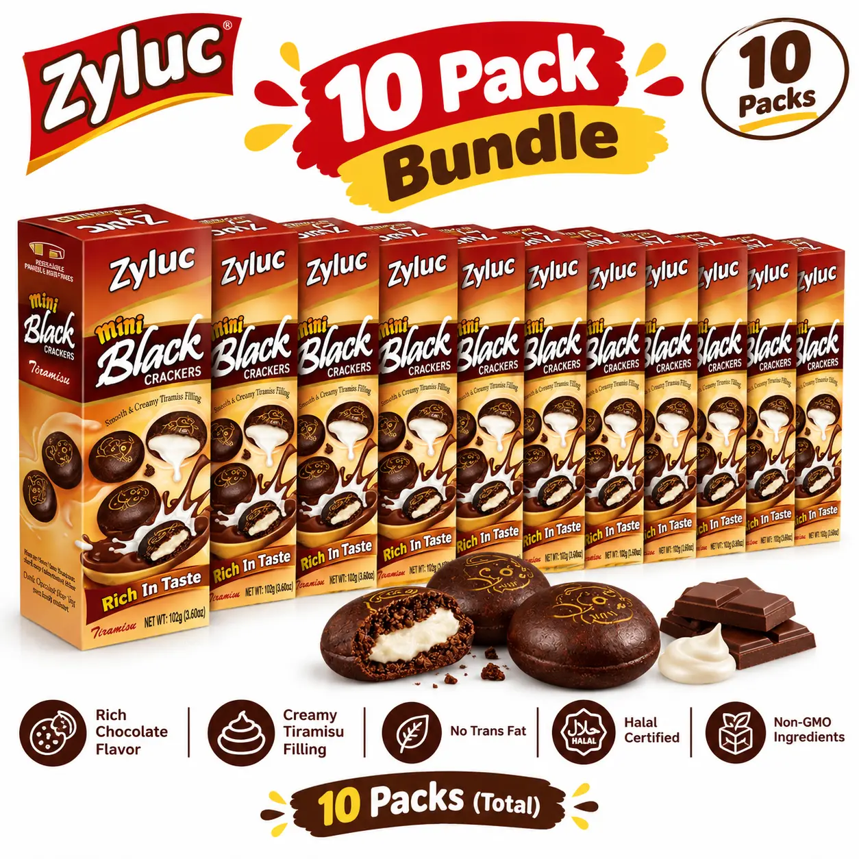 Zyluc Mini Black Crackers Tiramisu Flavor, 10-Pack Bundle, Chocolate-Coated Crunchy Biscuits with Creamy Tiramisu Filling, Rich Sweet Snack, Halal Certified, Product of Indonesia