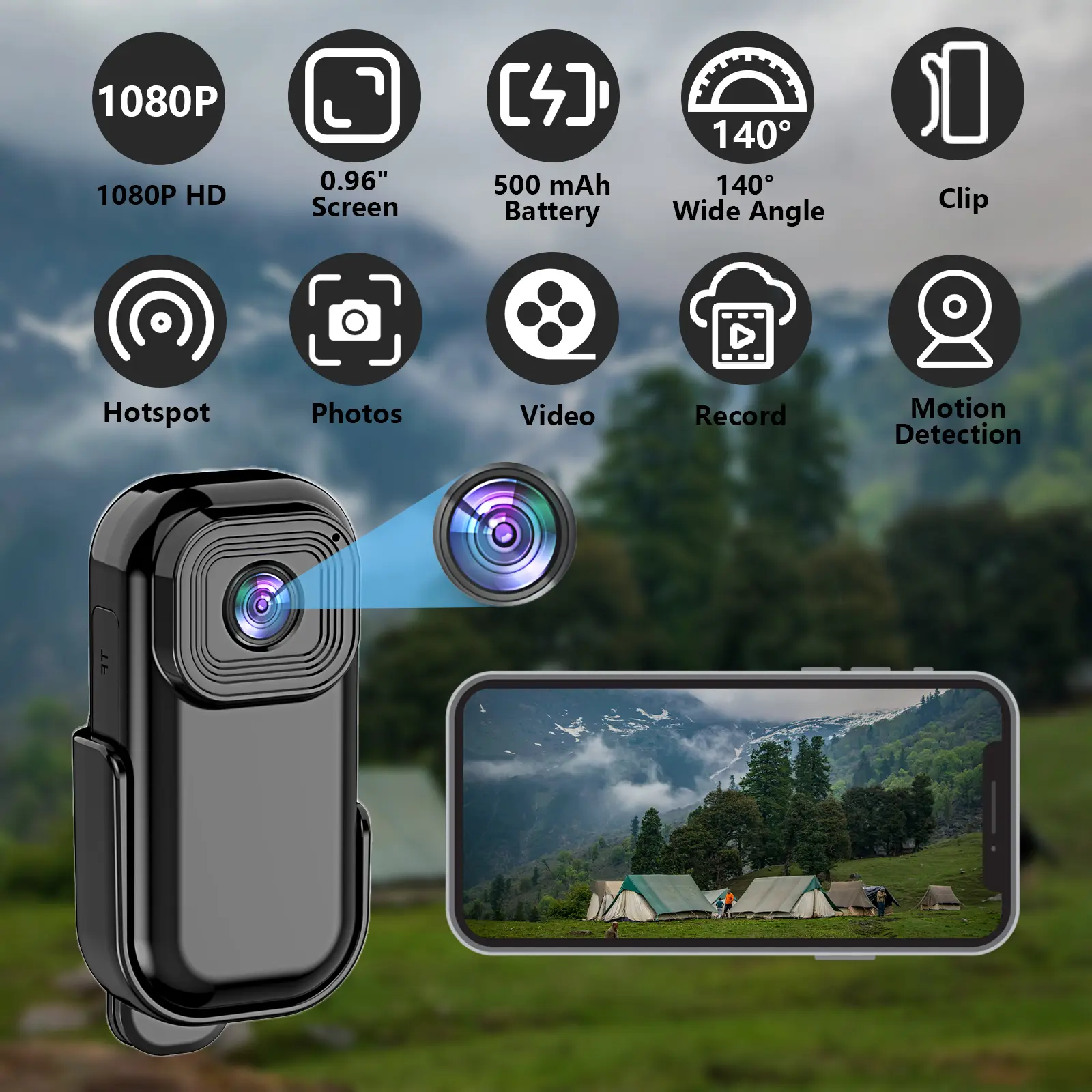 Magnetic Mini body camera, 1080p wireless screen recording, 32GB storage card wide-angle lens, anti shake, 0.96-inch color display screen