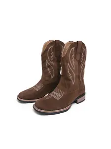 Men Western Cowboy Boots Suede Square Head Low Heel Comfortable Fashion Hand Embroidered Sleeve Men Boots