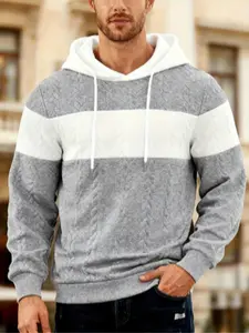 Men's Spring & Fall Knitted Colorblock Jacquard Small Plaid Drawstring Hoodie, Casual Loose Fit Comfortable Skin-Friendly, Men's Clothing