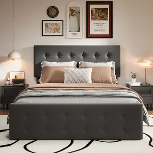 Modern Upholstered Platform Bed Frame Full or King Bed Frame with 4 Storage Drawers & Adjustable with Adjustable Headboard, 4 Storage Drawers, Button Tufted, Wooden Slats, No Box Spring Needed, Linen or Faux Leather - Bedroom Furniture (Dark Grey/Black)