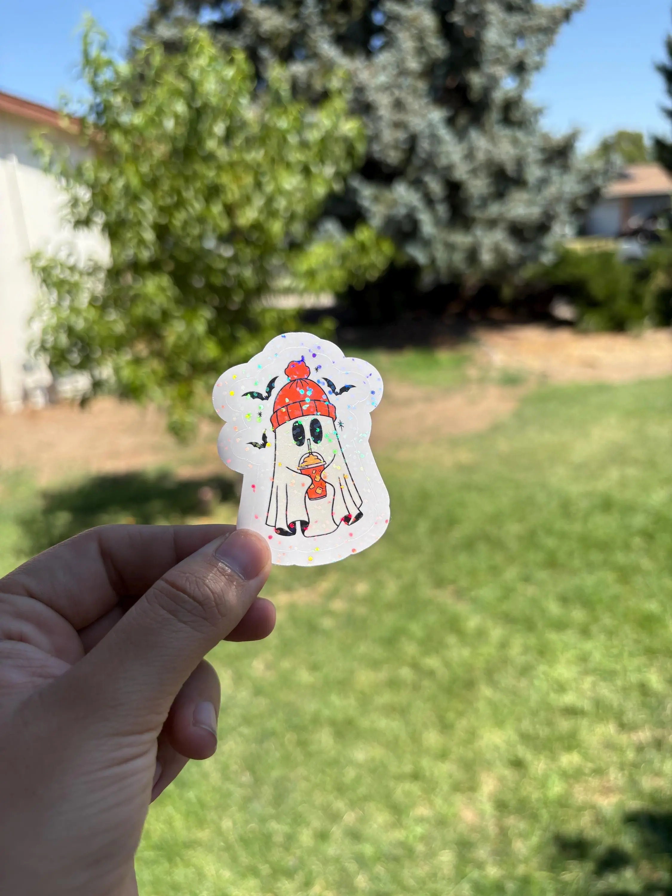 Holographic Ghost Sticker - Waterproof Vinyl Decal for Fall Drinks, Tumblers, Laptops, Kindle - Cute Halloween Autumn Gift