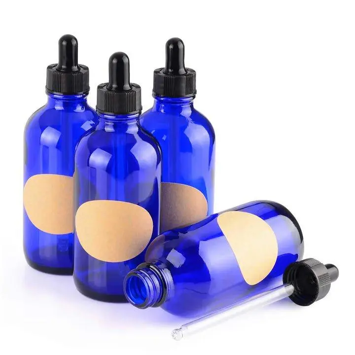 Cobalt Dropper Bottle, Glass Dropper with Inner Plug and Label, 15-120 ml
