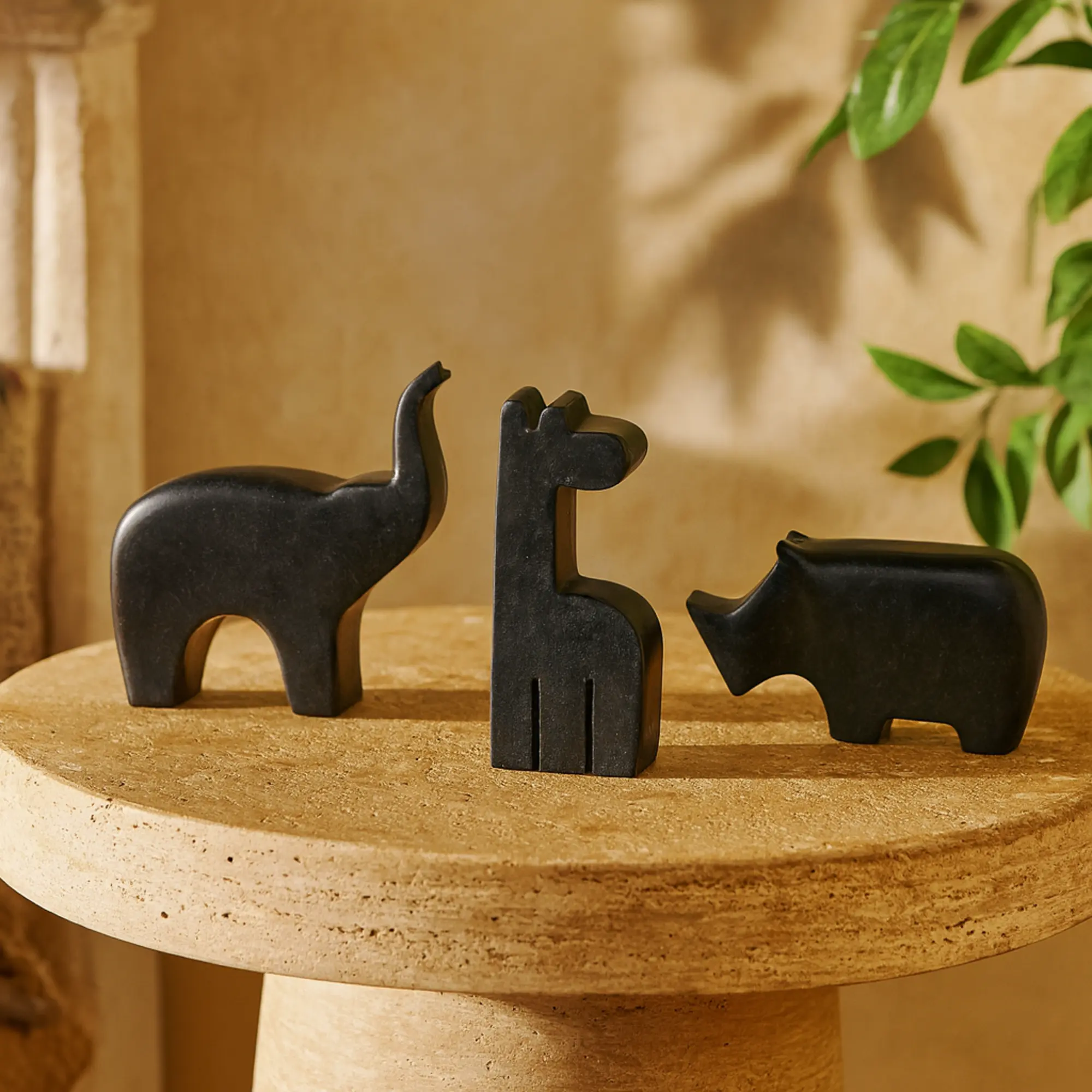 3-Piece Artistic Nature Stone Safari Animals Marble Decorative Sculpture Set - Smooth Finish, Minimalist, Rounded Small Abstract Statues (6in, 4in, 6in H) with Felt Stoppers for Table Decor, Ideal Gift