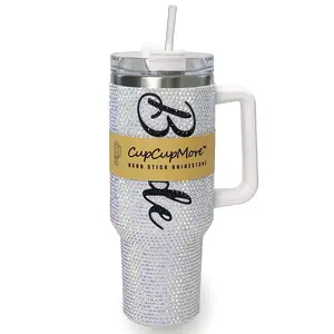 Cupcupmore 40 oz Bride White Bling Rhinestone Stainless Steel Sippy Tumbler Glitter Vacuum Insulated Thermal Water Bottle with Straw & Lid &Handle,Sparkle Car Cup Holder,Keeps Cold 12 Hours Drinks,Coffee