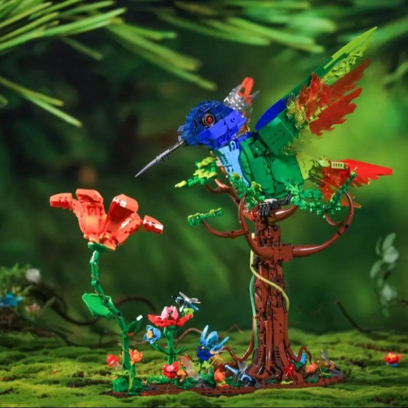 Colorful Bee Hummingbird Building Blocks Set, Creative Art Animal Floral Model Display, Durable Abs Material, Home Office Decor Gift