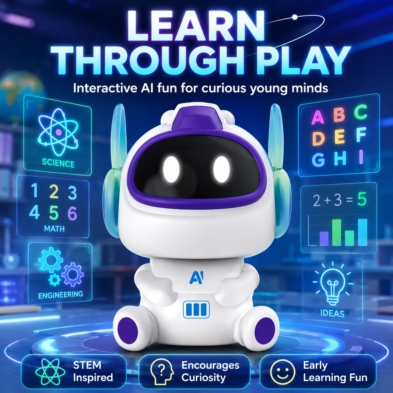 Unisex AI Electronic Robot Toy for Boys and Girls Ages 6-8 - White & Purple Plastic Body, LED Screen Face Display, Voice Chat Microphone, Desktop Digital Moving Figure, Smart Multi-Mode Vacuum Cleaner, Learning Toy