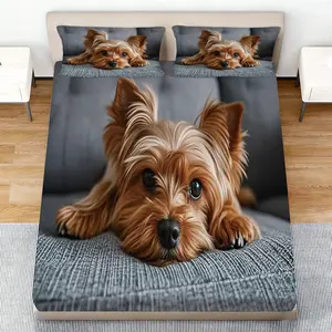 3pcs Yorkshire Terrier Theme Bedding Set in Dark, Cute Dog Print with Warm and Light, Soft Washable Bed Cover and Pillow Cases for Bedroom and Gifts
