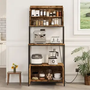 5-Tier Kitchen Bakers Rack with Power Outlet - 67.7'' Industrial Microwave Stand with Shelves & Cabinet - Freestanding Storage Rack for Pots, Pans & Spices - Brown