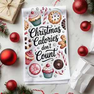 Christmas Calories Don't Count Sublimation Kitchen Towel 17"x27" Super Absorbent Festive Baking Décor with Cupcakes Cookies & Candy Canes