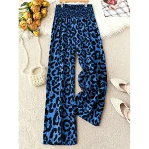 Retro modern leopard print wide leg pants, high waisted elastic waistband pants, fashionable casual flowing wide leg pants, casual chic pantsRAIMENTRY