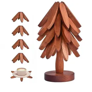 Christmas Tree Coaster Set, Wooden Tripod Stand for Hot Dishes, Tree Shape Set, 5 Tripods + 1 Holder (8.8 Inches), Model Xinghao Fc3