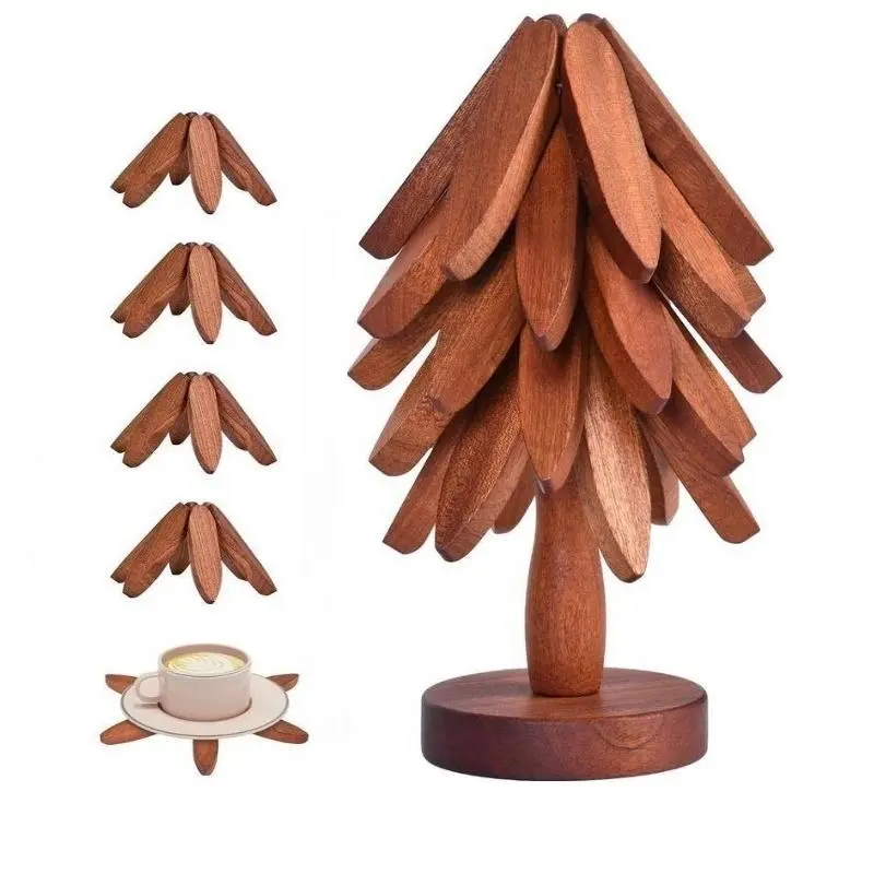 Christmas Tree Coaster Set, Wooden Tripod Stand for Hot Dishes, Tree Shape Set, 5 Tripods + 1 Holder (8.8 Inches), Model Xinghao Fc3
