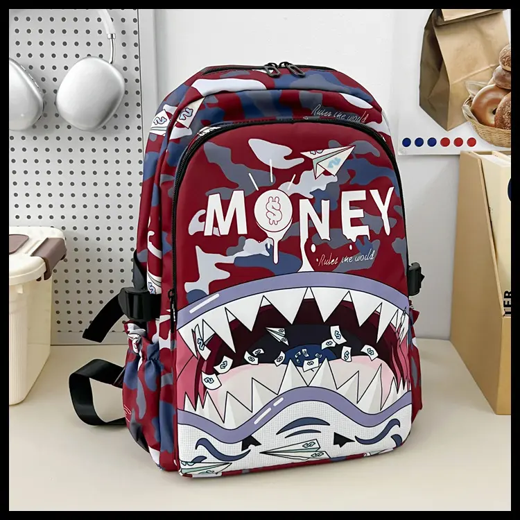 Viral Grey Camo Shark Mouth Backpack, MONEY Print Hip Hop Streetwear School Bag for Teen Boys, Large Capacity Water Resistant Laptop Daypack Back To School Gift ****
