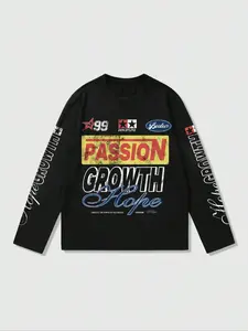 Men's Racing Print Long Sleeve Graphic Knit Tee, Casual Street Patchwork T-shirt for Summer, Men's Top for Daily Wear, Streetwear, Knitwear