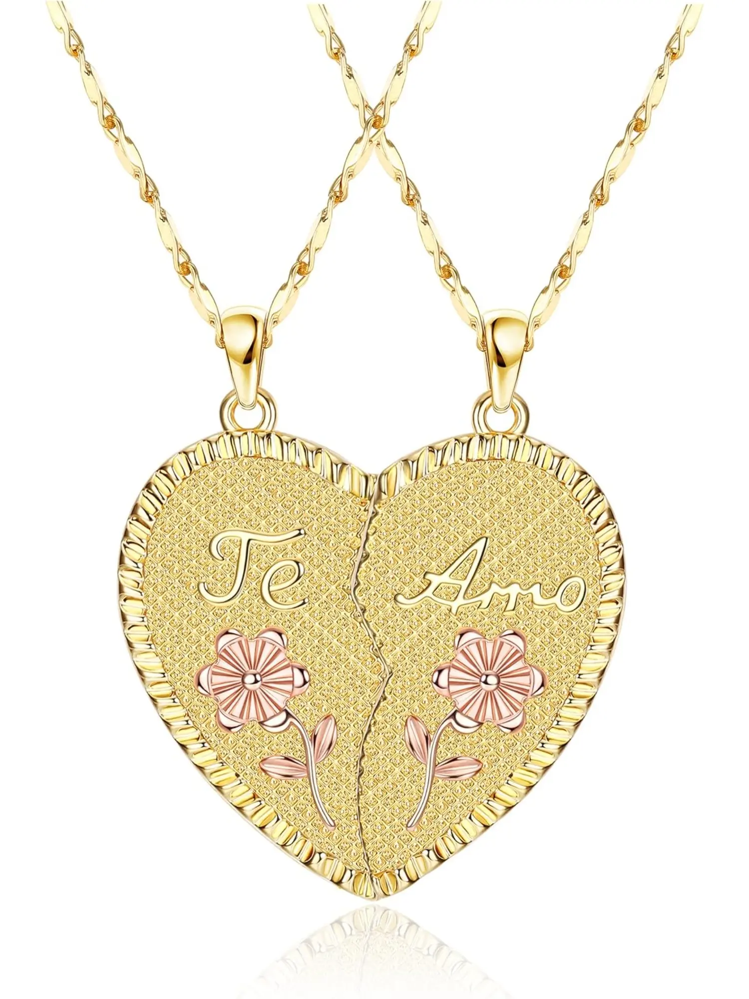 2 Pcs Golden Exquisite Couple Heart Necklaces for Women Men Romantic Matching Couple Jewelry Set Solid Copper Material Elegant Lasting Golden Luster Fine Smooth Texture Sweet Necklace Lovely Flower Heart Shape Design Soft Gentle Aesthetic Sense