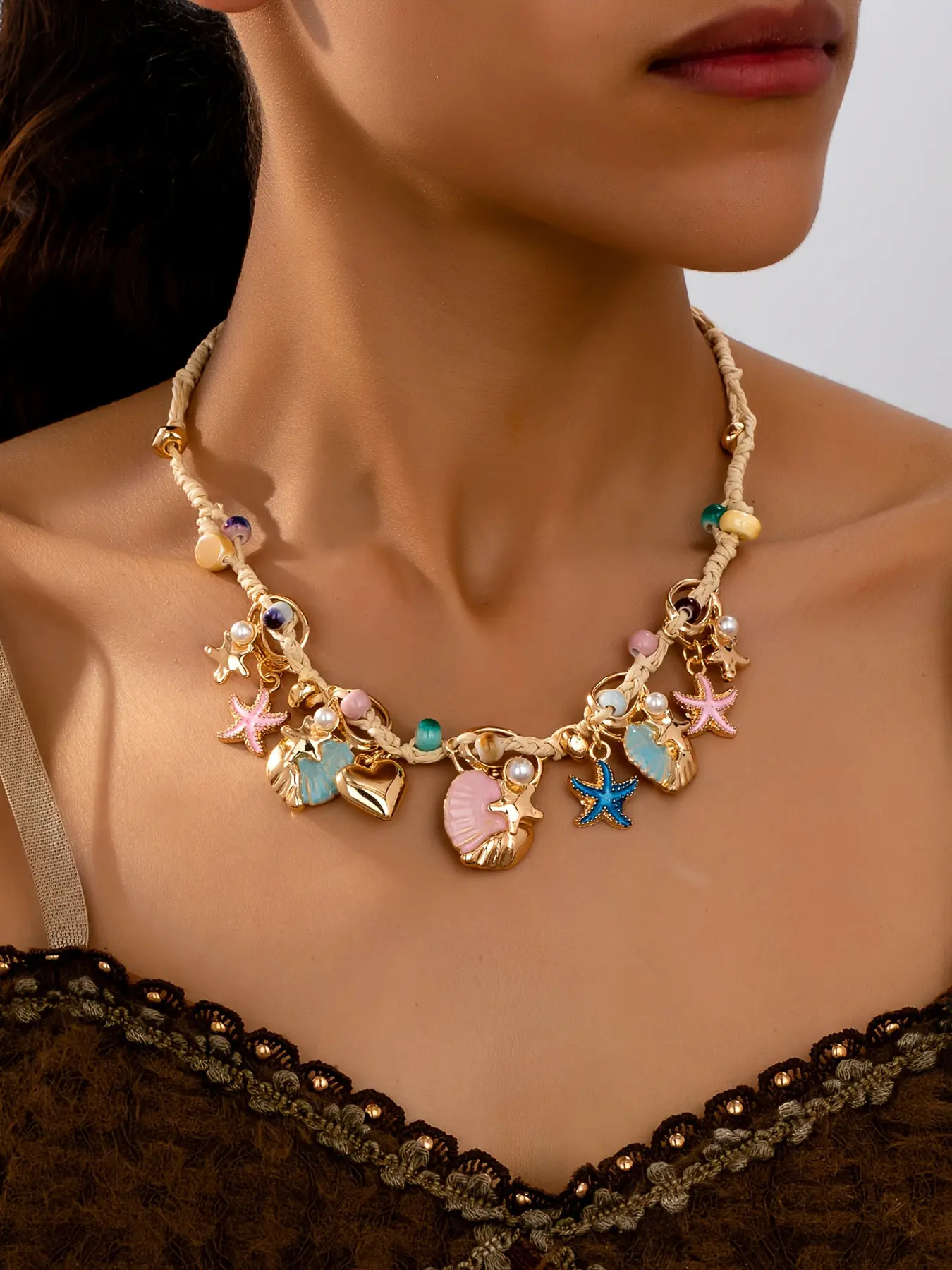 Boho Style Colorful Starfish, Shell, Heart and Faux Pearl Dangling Charms Necklace, Dainty Necklaces Women's Jewelry for Beach, Vacation, Party & Daily Wear