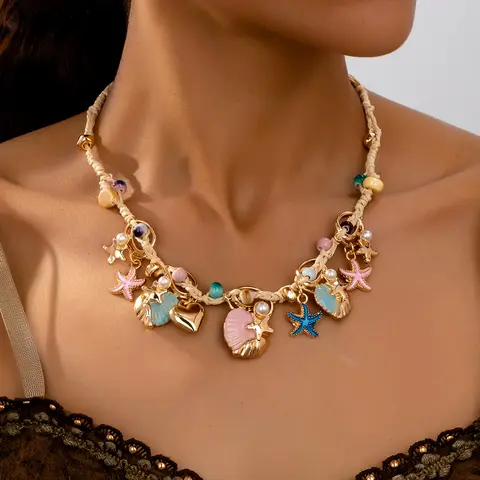 Boho Style Colorful Starfish, Shell, Heart and Faux Pearl Dangling Charms Necklace, Dainty Fashion Jewelry, Dainty Necklaces Women's Jewelry for Beach, Vacation, Party & Daily Wear