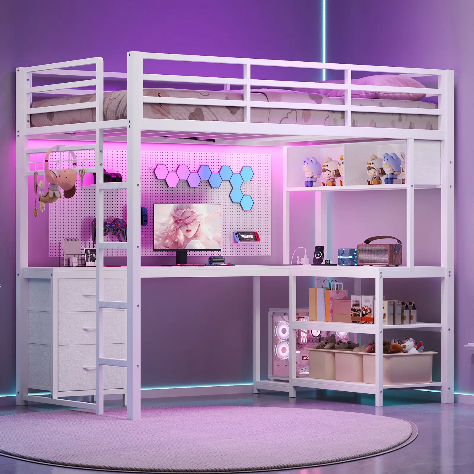 FUSOU Loft Bed Full Size with L‑Shaped Desk, RGB LED Lights, White Metal Full Loft Bed with Charging Station, 3 Fabric Drawers, Open Shelves, Grid Pegboard, Space Saving for Teens Adults