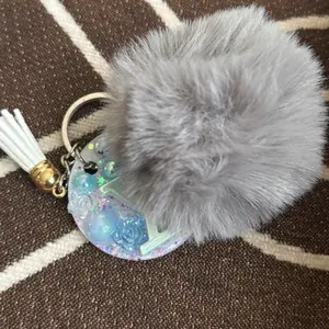 Circle Keychain with Purple Pom Pom Custom Picture Pendant Keychain Featuring Blue Beads and White Tassel Charm
