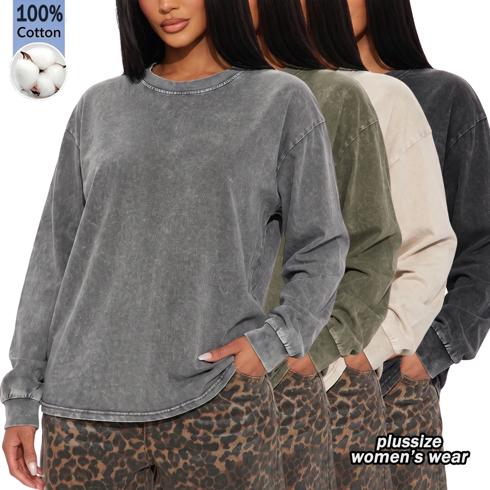 Pack of 4 women’s 100% pure cotton long-sleeve T-shirts, vintage washed style, loose casual fit, crew neck, distressed wash look, suitable for plus-size women; a fashionable streetwear basic for autumn, ideal for everyday wear, travel, and layering.