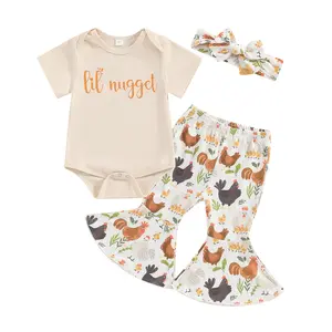 Newborn Baby Girl Farm Outfits Letter Print Short Sleeve Romper Chicken Flared Pants Headband 3Pcs Outfits Sets