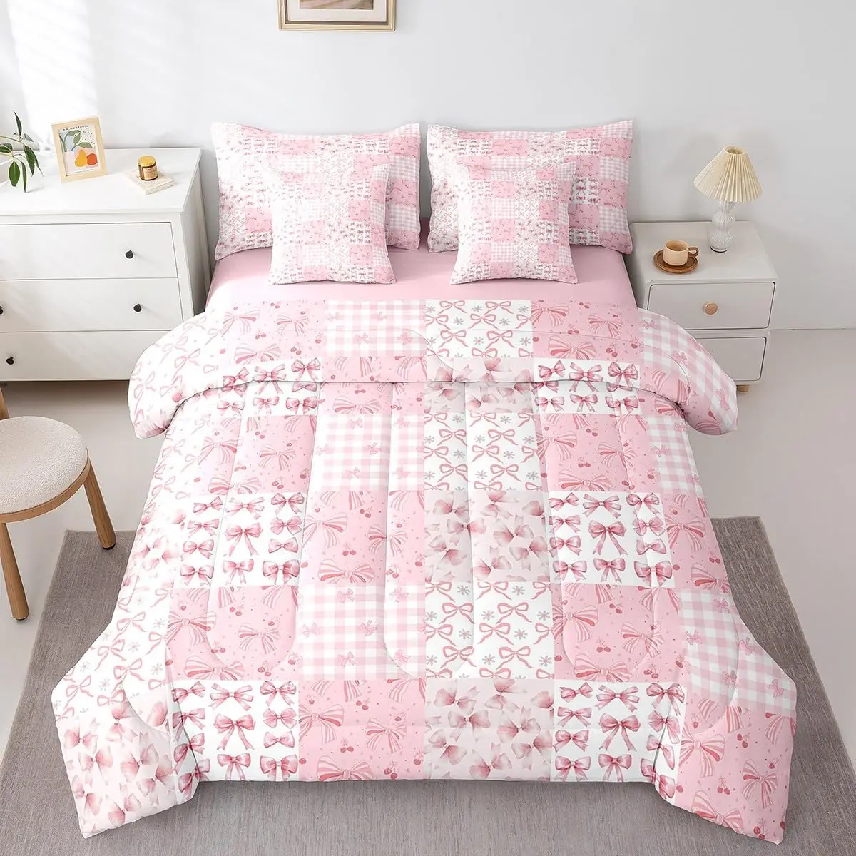 Feelyou Multi-Size 7-Piece Gingham Plaid Bedding Set - Pink Bow Comforter, Sheets, Cozy Chic Blanket, Princess Theme Bed-in-A-Bag for Girls’ Dream Room Girly Room Stuff Décor