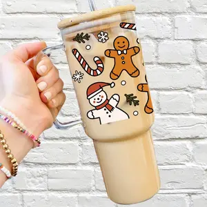 Gingerbread Man Christmas Glass Cup with Lid and Straw - Christmas Candy Cane Aesthetic Drinkware with Bamboo Lid, Holiday Winter Bookish Design Iced Coffee Mug, Christmas Trees, Holiday Cheer Snow Man