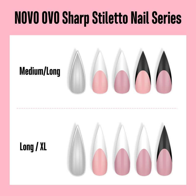 NOVO OVO Black French Tip Sharp Stiletto Pointed Medium Long Nail Tips Press on Berry Pink, Soft Gel Fake Acrylic Extension, Full Cover False Nails for Salon DIY x 16 Sizes 160 pcs【NO GLUE ,TOP COATAND LAMP INCLUDED】
