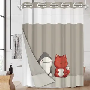 1pc hookless shower curtain with snap fastener, shark cat red and gray plush doll 2D Flat Printing, fabric waterproof inner lining shower curtain with transparent window double-layer shower curtain, 71 x 74 inches, modern family curtain decoration