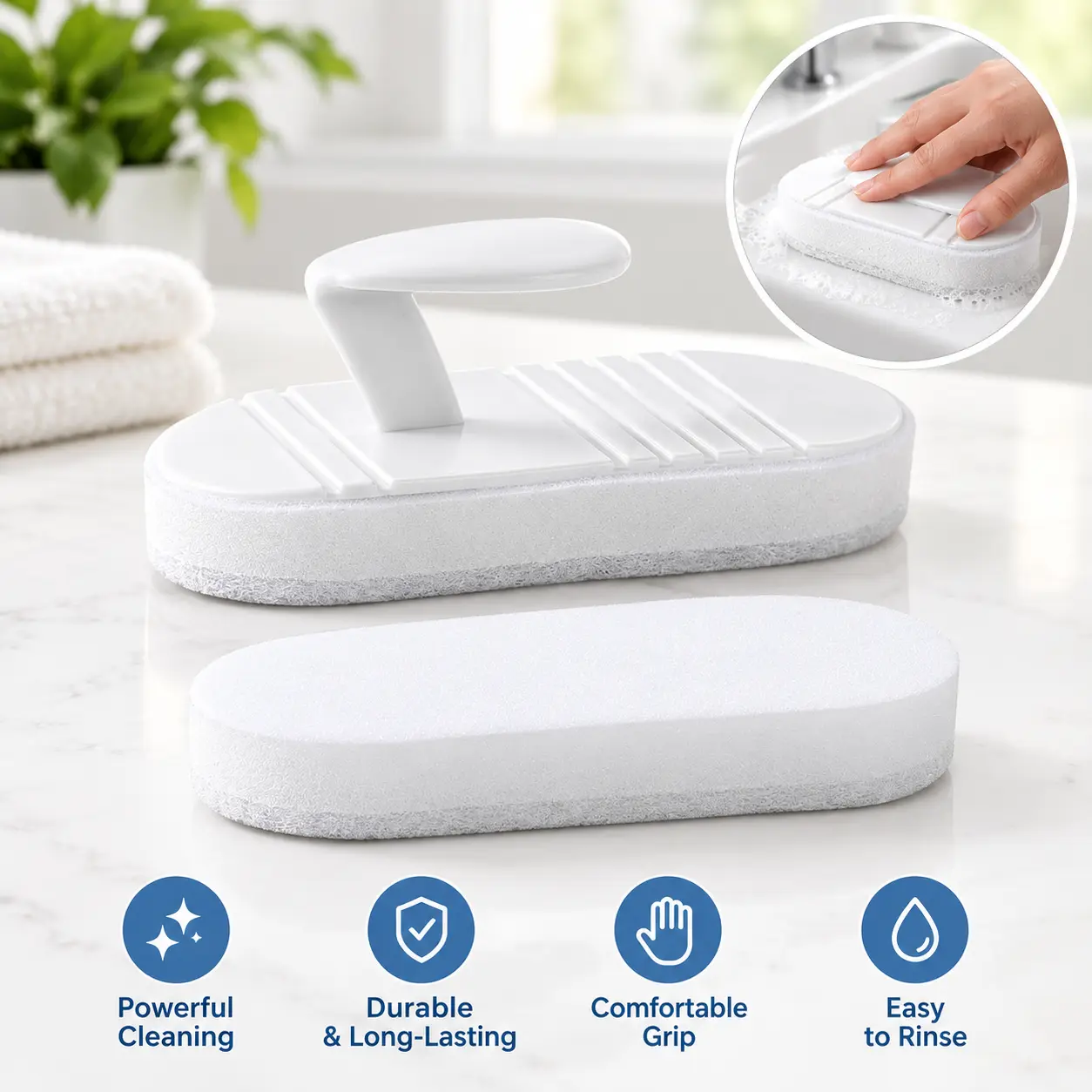 2 Counts Sponge Cleaning Brush Set, with 1 Non-slip Handle and 1 Replaceable Sponge Pad, Magic Tape Fixed Foldable Scrubber for Bathroom Sink Bathtub Tile Surface Cleaning
